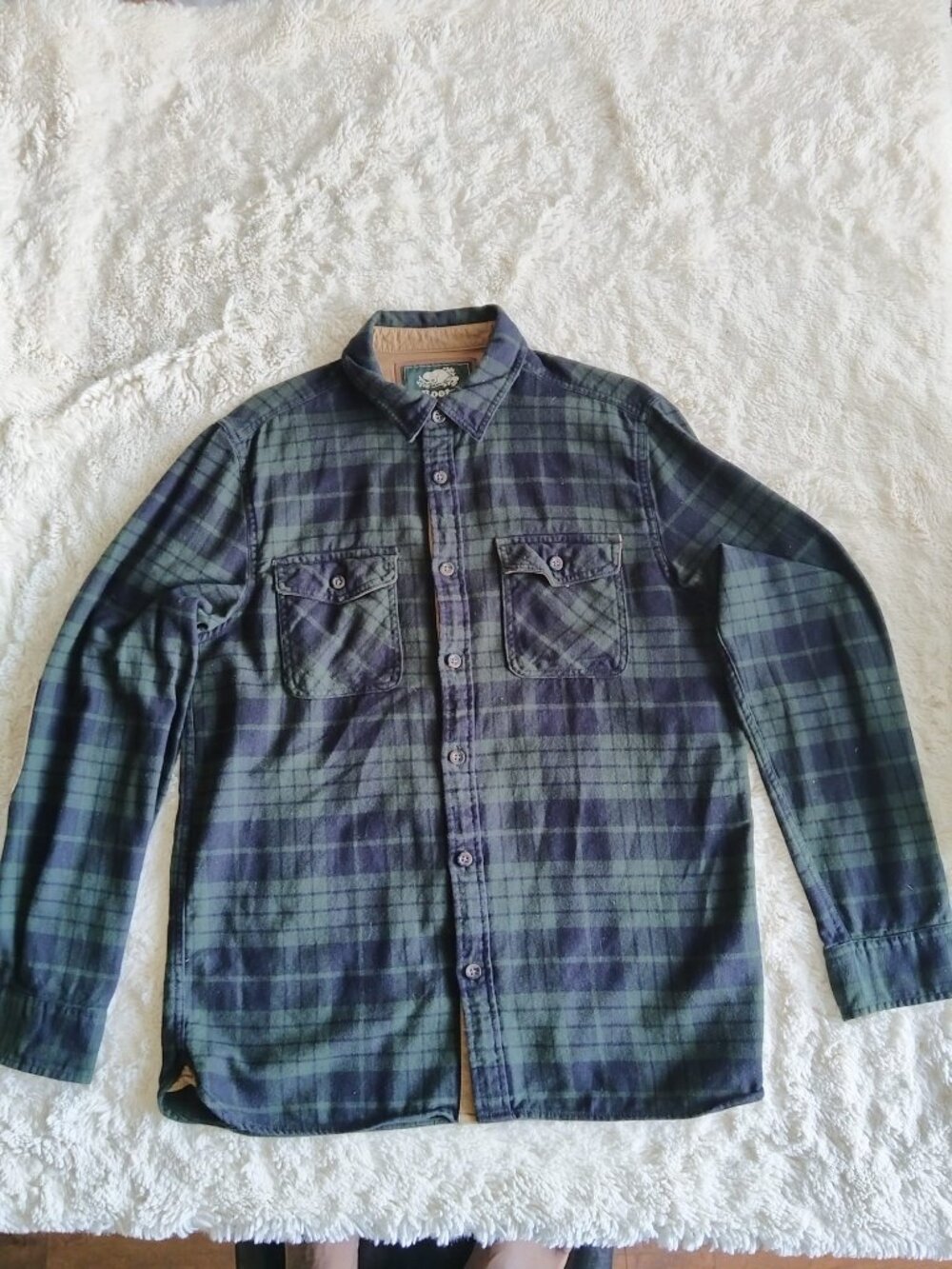 Roots Canada Flannel Plaid Shirt Green/Navy w/ Elbow Patches - Size L - Picture 2 of 14